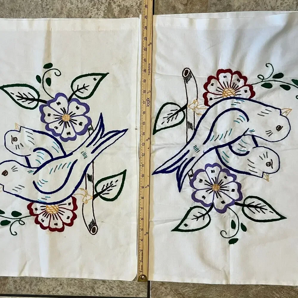 Vintage Pillowcases Pair Embroidered Bluebirds Floral Folk Art Cottagecore